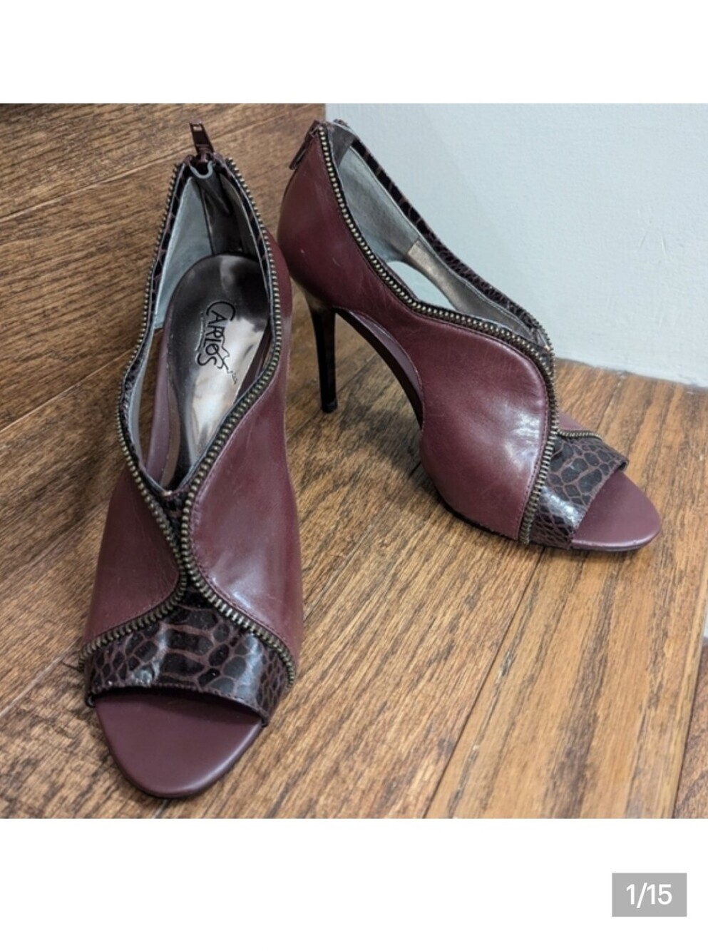 Carlos by Carlos Santana burgundy Passion Zippered stiletto skyscaper Heels Sz 7